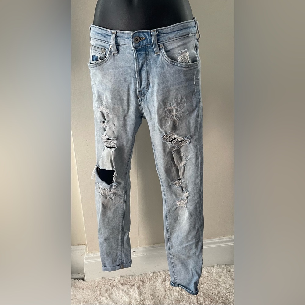 H&M Skinny Low Rise Ripped Blue Jeans Button Fly Size 30/32